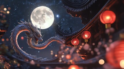 A beautiful dragon painting on a temple wall illuminated by red lanterns under the moonlight The intricate dragon artwork represents prosperity and luck for the new year A serene scene honoring.