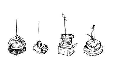 Canape set isolated Vector sketch, small sandwich strung on skewer. Snack for alcohol, appetizer. Black and white sketch on white background.