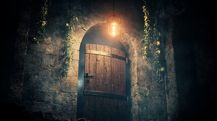 A mysterious wooden door in a dimly lit stone archway with hanging vines.