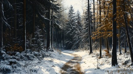 Obraz premium A serene winter forest path, with soft snow blanketing the ground and golden leaves contrasting against tall evergreen trees.