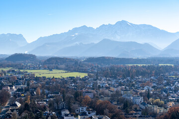 View of Salzburg Austria and the mountains alps as seen from Fortress Hohensalzburg