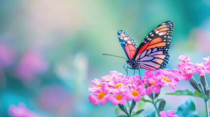 Naklejka premium Beautiful Monarch Butterfly on Colorful Flowers with Soft Focus in Background, Delicate Nature Scene for Vibrant Wildlife and Floral Photography