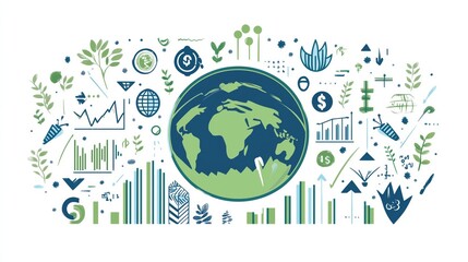 A stylized globe surrounded by stock market symbols, graphs, and currency icons, representing global stock market trends.	