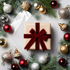 Christmas composition on a transparent background with a gift box, red ribbon, fir branches, Christmas tree toys, real transparent neutral shadow. copy space for the design of your greetings