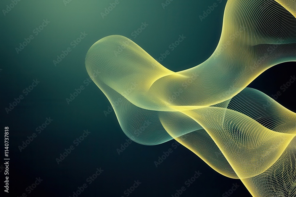 Poster a flowing, abstract design in yellow against a dark background, featuring smooth lines and wavy patt