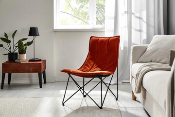 Modern living room interior, vibrant red folding chair, white walls, large window, natural light, minimalist decor, wooden side table, potted plant, beige armchair, tiled floor, contemporary design, s