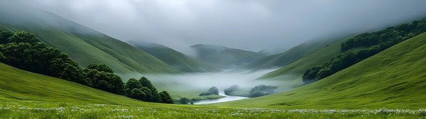 A serene landscape featuring lush green hills enveloped in mist, with a winding river flowing through the valley, creating a tranquil and picturesque scene.
