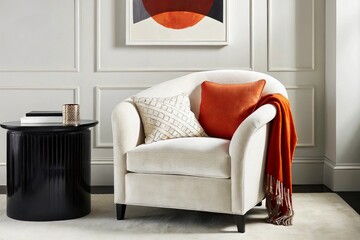Interior design, cozy living room, cream armchair, orange throw blanket, black side table, modern art print, minimalist decor, warm color palette, textured fabric, clean lines, contemporary style, sof