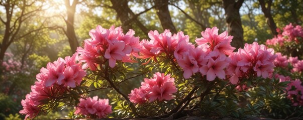 Azalea flowers start to bloom in the warm sunlight filtering through trees, spring, hibiscus