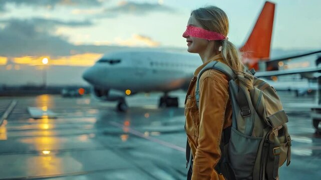 Young woman with eyes blindfolded stands near airplane. Female person is waiting for mystery trip with backpack on wet airfield after rain. Waiting for unexpected surprise trip.