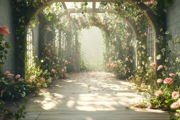 Fototapeta premium Enchanted Rose Garden Path: A Dreamlike Floral Walkway. 3D Renderer Digital Backdrop.