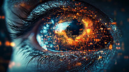 Futuristic image of an eye analysing data and market data data