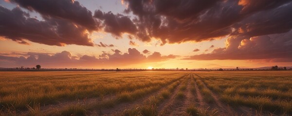 Obraz premium stunning sunset over open fields with scattered clouds, stunning, cloudy, serene