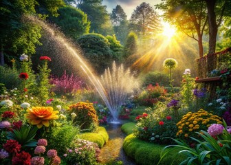 Surreal Summer Garden Sprinkler: Magical Watering Scene, Fantasy Plants, Whimsical Irrigation