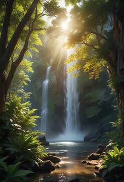 Sunlight filtering through the leaves of tilo trees near a waterfall, foliage, tilos, leaf