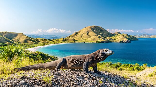 Komodo Dragon on Island Cliff with Tropical Beach and Turquoise Water