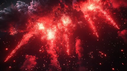 Brilliant red fireworks exploding in a dazzling display, perfect for overlaying on night sky backgrounds.