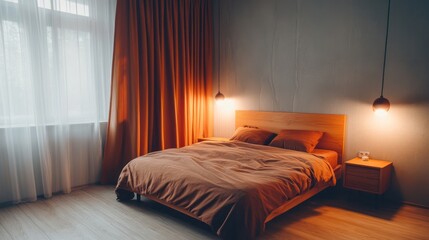 Cozy Bedroom Interior Design with Warm Lighting and Orange Accents