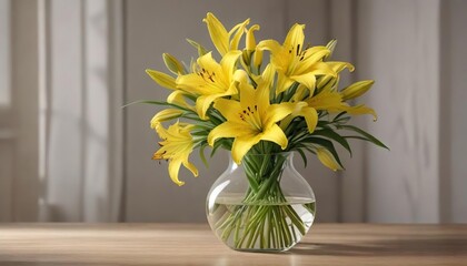 Yellow lily arrangement in a clear glass vase, flower arrangement , white flowers, bright colors