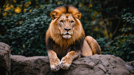 Obraz premium Majestic lion resting on a rock, showcasing its powerful presence and vibrant mane amidst a lush green background in a serene wildlife setting