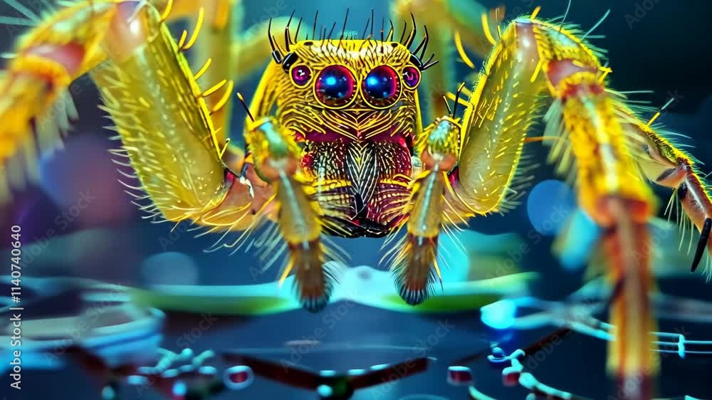 Aufkleber this vibrant yellow spider is captured on a reflective surface, showcasing its intricate details and