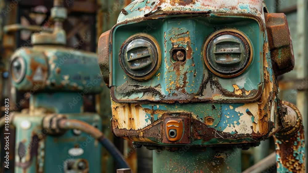 Poster two rusty robots are positioned in a decaying industrial area, displaying distinct weathering and co