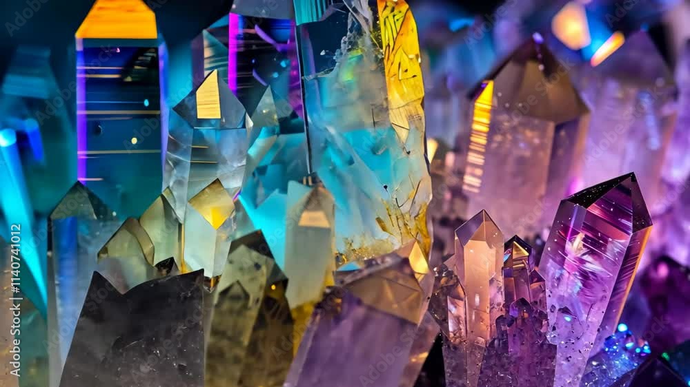 Poster stunningly colorful crystals are illuminated by soft light, showcasing intricate formations and vibr