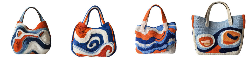 Set of A handmade knitted bag with an abstract design in earthy colors, including orange and blue, on the front of it, isolated, PNG format Background