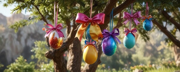 Colorful eggs with ribbons and bows hanging from a tree, festivities, ribbon, decoration
