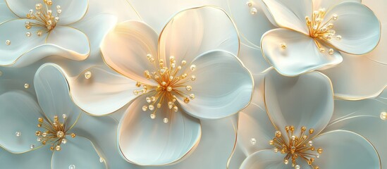 Elegant 3D Floral Design:  Luxury White and Gold Blossoms