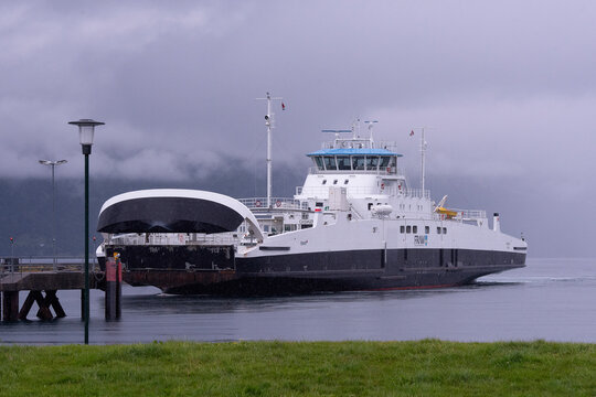 Hareid, Norway, July 17, 2023: Ferry boat which transports cars and persons from Hareid to Sulesund and back