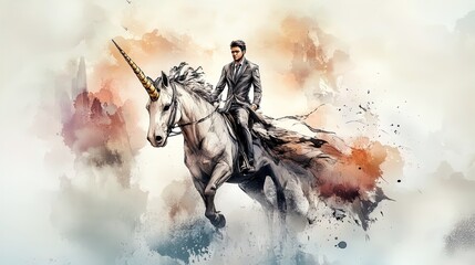 Fototapeta premium Dynamic Businessman on a White Unicorn: A Unique Fantasy Meets Professionalism Poster for Modern Sports Interiors