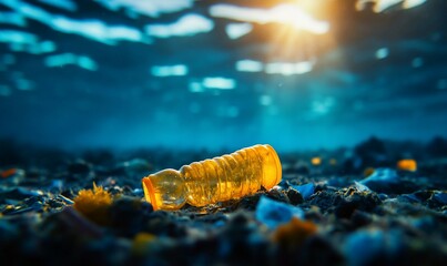 Underwater plastic bottle on seabed with debris.