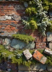 cracked and worn brick wall with lichen and moss , weathered brickwork, fungal growth, rugged landscape