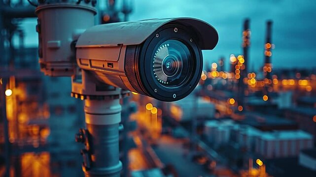 Security camera captures industrial landscape at dusk with illuminated buildings in the background