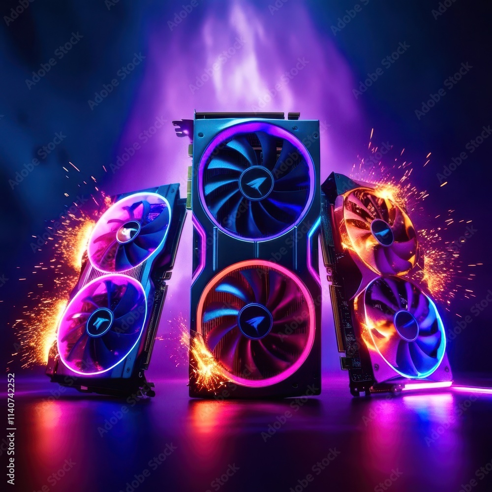 Poster Row of computer fans are lit up in neon colors