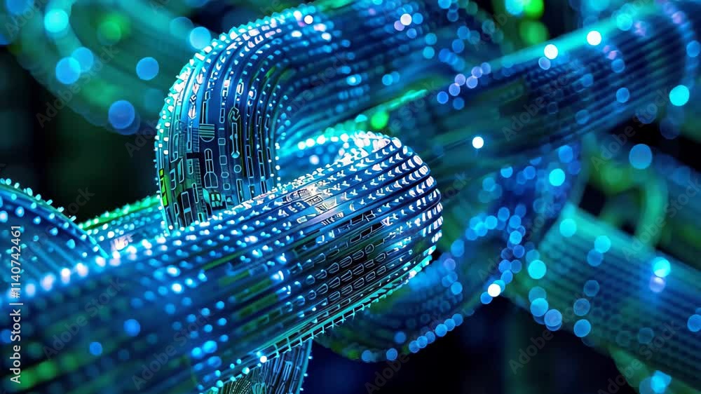 Poster the digital chain glows in various shades of blue, symbolizing blockchain technology. it showcases i