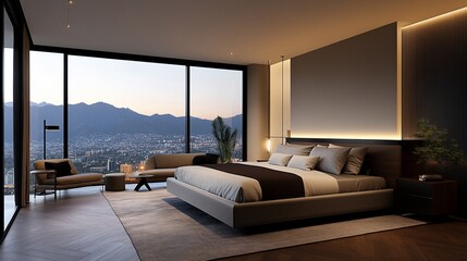 Luxurious modern bedroom with panoramic city view at sunset.
