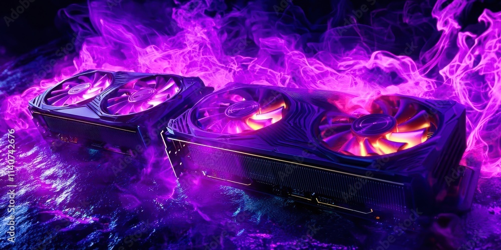 Poster two purple computer fans are on a table