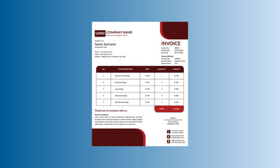 Modern Invoice Design, Display for Promotional Campaigns, Maroon Invoice Template, Rectangle Shape. One.