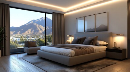 Modern bedroom with mountain view, large bed, nightstands, and floor lamp.