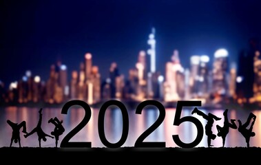 Silhouette of teamwork friends standing with 2025 text