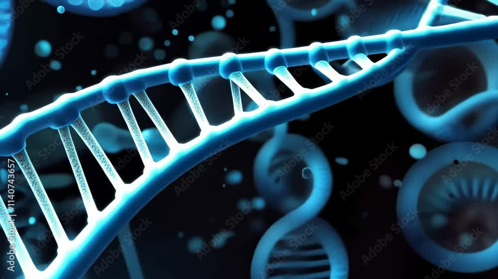 Poster a close-up view of a molecular structure that resembles dna, illuminated by glowing blue highlights 