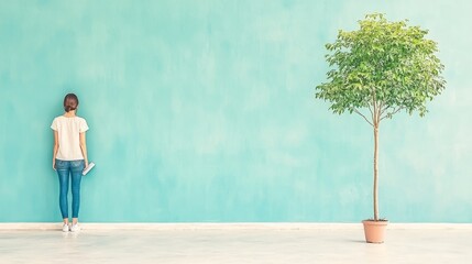 A person stands against a turquoise wall beside a potted tree.
