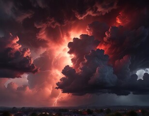 Fototapeta premium Black and red clouds of thunderstorm in the sky, foreboding, ominous