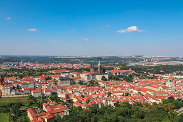 Aerial view of Prague seen from Petrin tower, Czechia. City's iconic landmarks, including Prague...