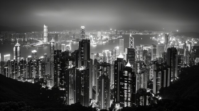 Fototapeta Cityscape Black And White. Stunning Black and White Night View of Hong Kong City