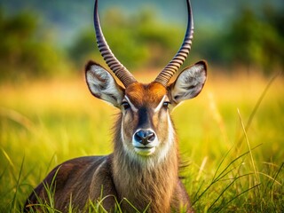 Fototapeta premium Tanzania Waterbuck Macro Photography: Close-up Wildlife Image, Grassland Safari Animal, African Waterbuck, Serengeti Plains