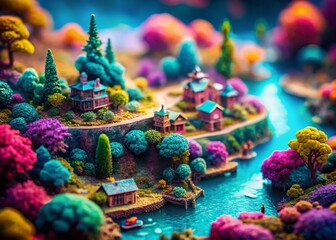 Fototapeta premium Teal Purple Tilt-Shift Miniature Landscape Photography, Whimsical Fantasy Scene, Miniature World, Diorama, Fairy Tale