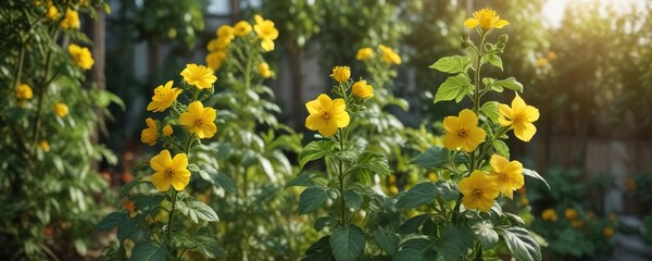Obraz premium Bright yellow flowers on tomato plant in a garden, summer flowers, yellow flowers, garden flowers